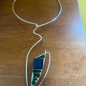 Modern Silver Necklace with Blue and Green Glass Pendant